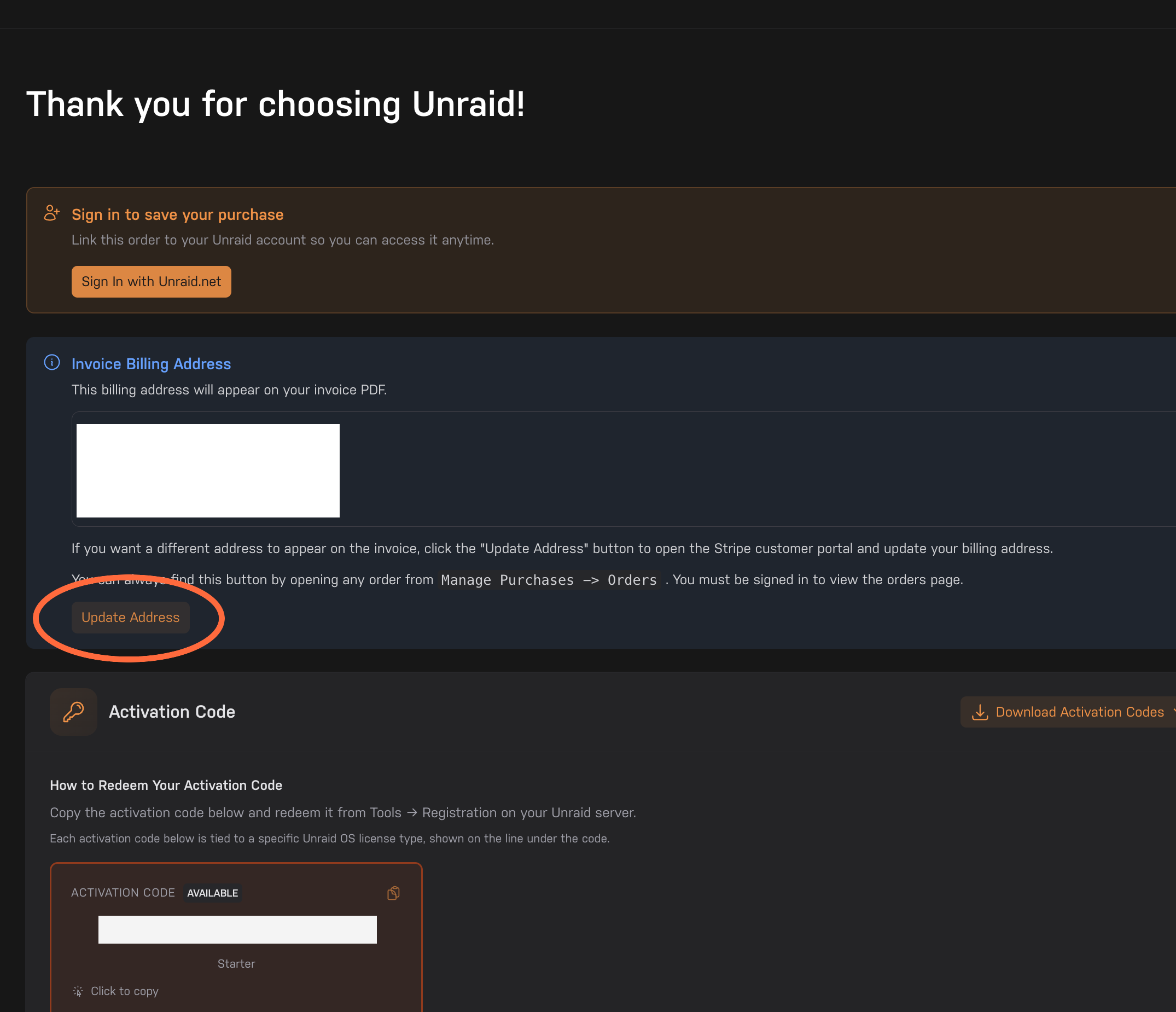 Order confirmation page with the Update Address call to action